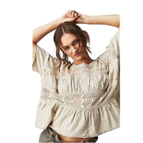 We The Free Tops - We The Free Shirred To Perfection Tee Light Taupe Babydoll Slouchy Boho, size S